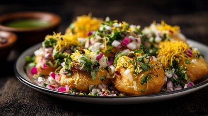 Colorful plate of Indian chaat platter sev puri dahi puri bhel puri vibrant street food appetizing food styling