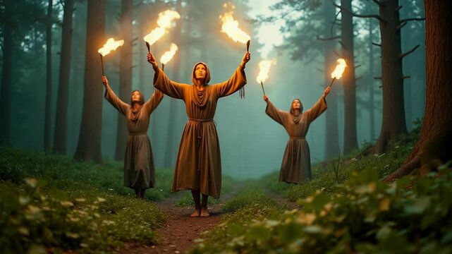 Mystical ancient Celtic ritual dance in misty forest with symbolic body paint and torches