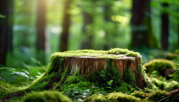 moss covered tree stump in a lush green forest detailed texture of wood and vibrant green moss shallow depth of field natural light tranquil forest scene