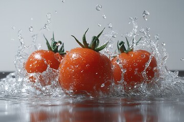 Fresh Red Tomatoes Splashing into Water Vibrant Healthy Food Image