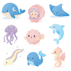 Adorable Ocean Life Vector Set.