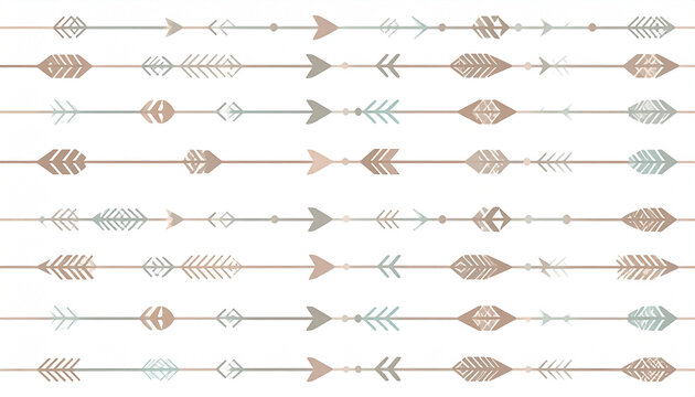 A collection of horizontal, stylized arrows in muted earth tones and cool greys, featuring various geometric patterns and shapes.  Each arrow is unique, creating a decorative, boho-chic design element