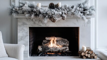 Cozy winter scene with fireplace and festive garland.
