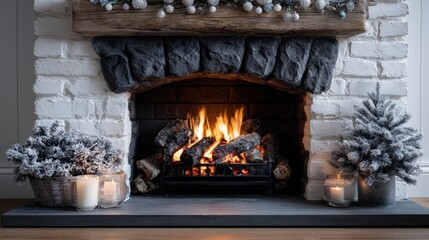 Obraz premium Cozy fireplace scene with snowy Christmas decorations.