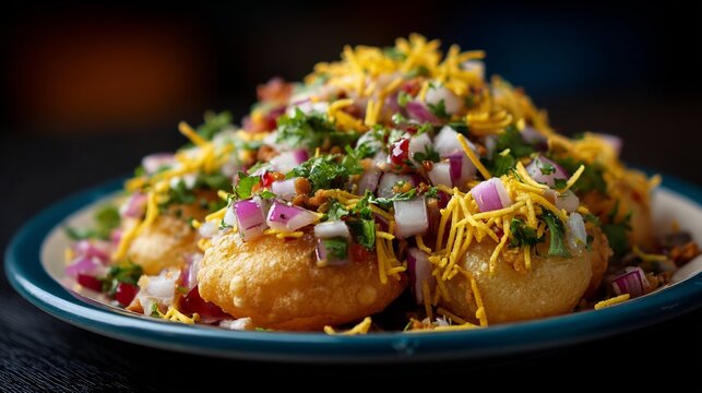 Colorful plate of Indian chaat platter sev puri dahi puri bhel puri vibrant street food appetizing food styling