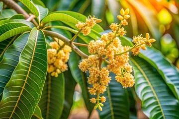 Obraz premium Magnificent Mango Blossoms A Close-Up View of Delicate Yellow Flowers on Lush Green Foliage
