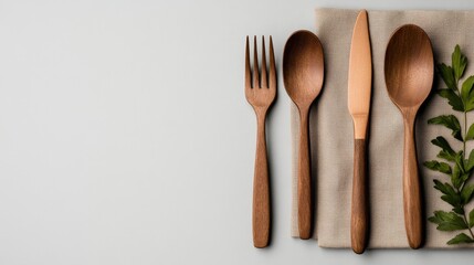 This image captures a beautifully arranged wooden cutlery set including a fork, spoons, and a knife, elegantly placed on a soft neutral fabric background. The natural wood grain and warm tones convey