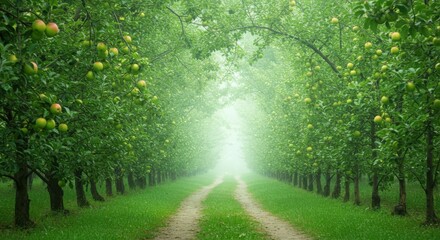 Obraz premium Misty apple orchard path in summer