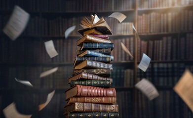 A stack of old books and flying book pages against the background of the shelves in the library. Ancient books historical background. Conceptual background on history, education, literature topics.