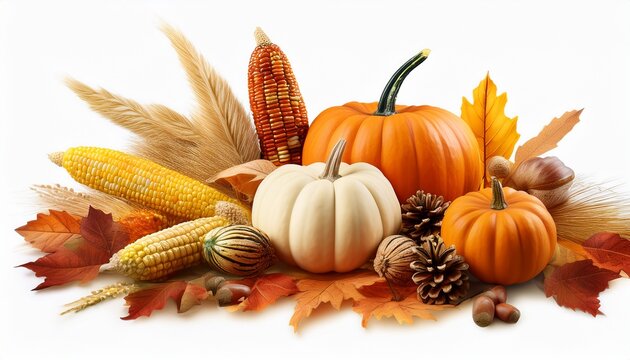 autumn foliage with pumpkins gourds corn and acorns for thanksgiving and fall holidays on transparent background