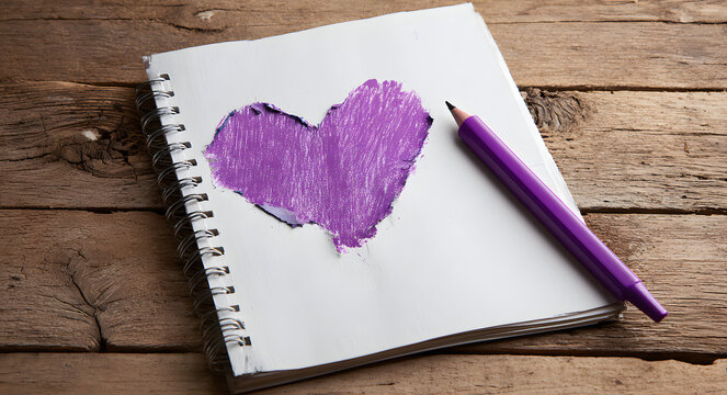Notebook page with a torn purple heart sketch on wooden table for Valentine's Day with copy space
