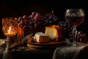 Obraz premium Dark moody still life featuring red wine, grapes and desserts, arranged in a classic artistic style that captures gourmet dining and luxurious culinary atmosphere in fine detail