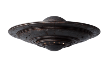Isolated image of a dark grey UFO on a black background.