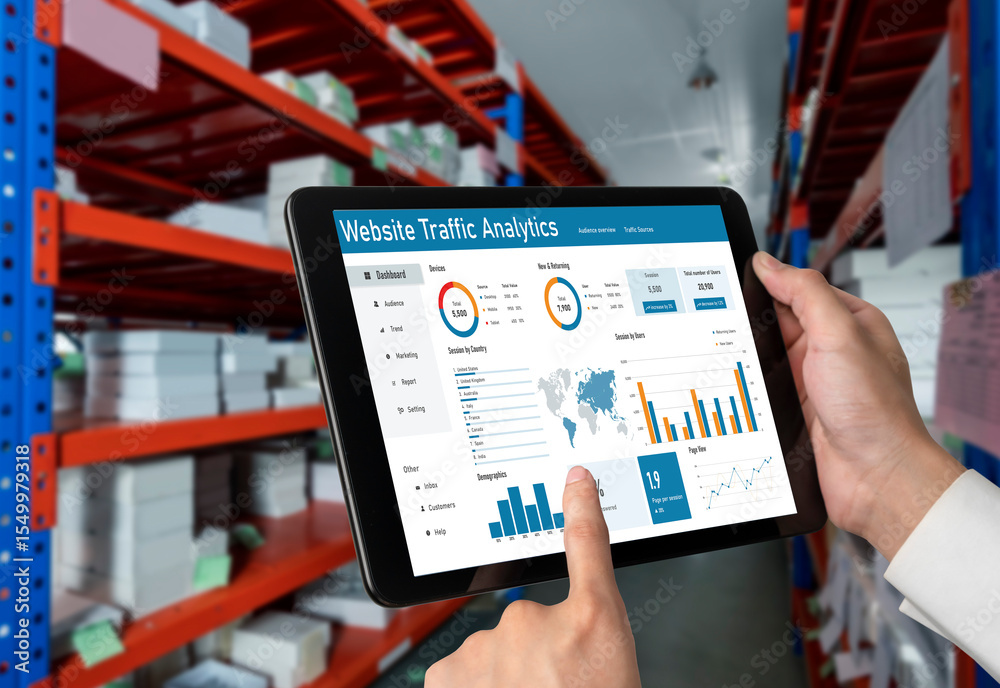 Poster computer software for website traffic analytics data on computer screen. concept of seo search engin