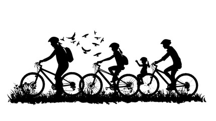 Obraz premium black silhouette of a family of people riding bicycles in a field of grass bicycle, bike, black, child, cyclist, family, field, grass, park, people, ride, silhouette, woman , Generative art.