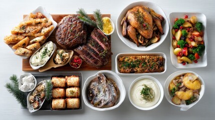 Festive holiday meal with roasted meats, vegetables, and side dishes.
