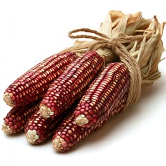 Fresh Red Indian Corn Cob Bundle Tied with Twine Isolated on White Background