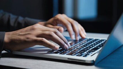  Indian office worker typing nervously on laptop keyboard in dim modern office, close-up of tense hands hitting keys rapidly, capturing workplace anxiety and pressure. - Powered by Adobe