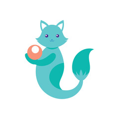 Fantasy mermaid cat gently holding a pearl Vector illustration