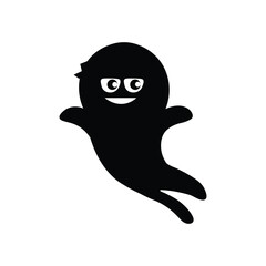 A simple black silhouette of a cartoon ghost with a smiling face and small hair on a white background.