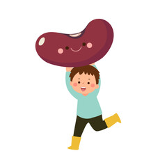 Cartoon child boy carrying cute giant kidney bean. Healthy food for kids