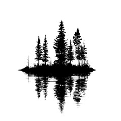 a black and white silhouette of a small island with trees in the water black, island, lake, reflection, silhouette, small, tree, water , Generative art.