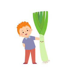 Cartoon child boy holding cute giant leek. Healthy food for kids