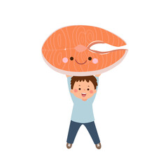 Cartoon child boy carrying cute giant sliced salmon. Healthy food for kids