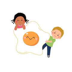 Cartoon child boy and girl with cute fried egg. Healthy food for kids