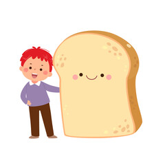 Cartoon child boy with cute giant sliced bread. Healthy food for kids