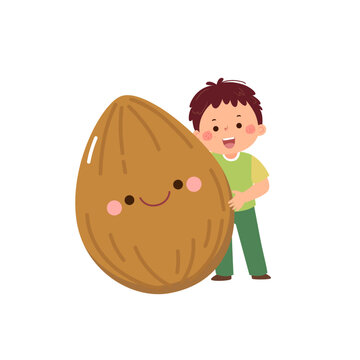 Cartoon child boy with cute almond nut. Healthy food for kids