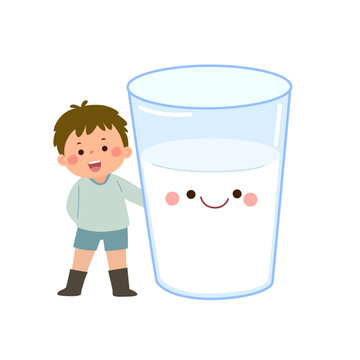 Cartoon child boy with cute giant glass of water. Healthy food for kids