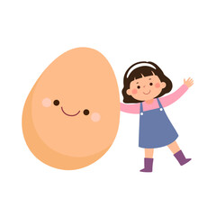 Cartoon child girl with cute giant egg. Healthy food for kids