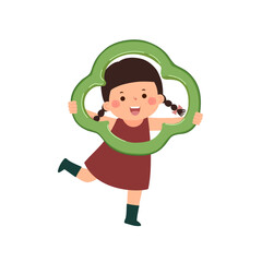 Cartoon child girl with cute giant sliced bell pepper. Healthy food for kids