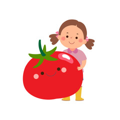 Cartoon child girl with cute giant tomato. Healthy food for kids