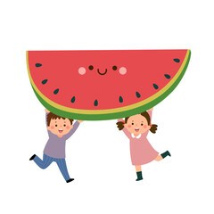 Cartoon kids boy and girl carrying cute giant watermelon. Healthy food for kids