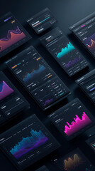 Dark-themed SaaS dashboard illustration with analytics charts, subscription metrics and pricing plans. Clean, futuristic top-down B2B interface in glowing colors.