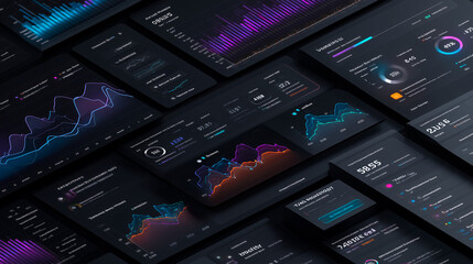 Dark-themed SaaS dashboard illustration with analytics charts, subscription metrics and pricing plans. Clean, futuristic top-down B2B interface in glowing colors.