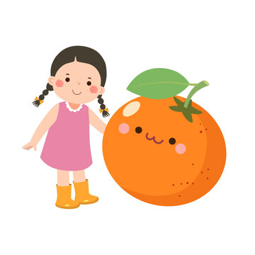 Cartoon child girl with cute giant orange. Healthy food for kids