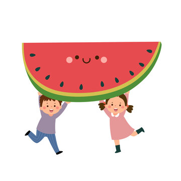 Cartoon kids boy and girl carrying cute giant watermelon. Healthy food for kids