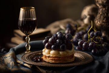 Fototapeta premium Rustic banquet style still life featuring cheese, wine and grapes, designed with moody shadows to showcase fine dining atmosphere, gourmet aesthetic and artistic culinary detail