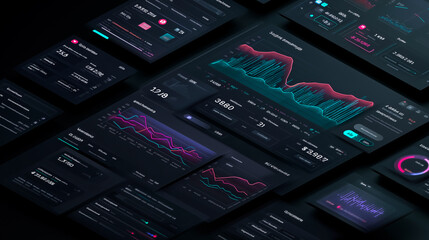 Dark-themed SaaS dashboard illustration with analytics charts, subscription metrics and pricing plans. Clean, futuristic top-down B2B interface in glowing colors.