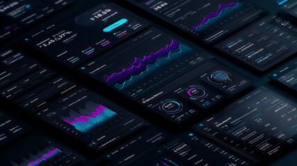 Dark-themed SaaS dashboard illustration with analytics charts, subscription metrics and pricing plans. Clean, futuristic top-down B2B interface in glowing colors.