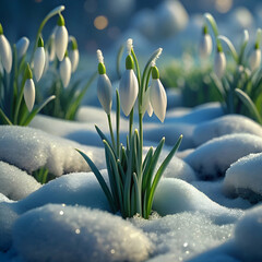 Snowdrop flowers emerging from snow in a spring scene. Emerging snowdrops with delicate white blossoms and fresh green foliage in a snowy garden.