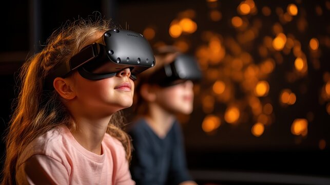 Two children wearing VR headsets immerse themselves in a virtual world, showcasing the impact of technology on play and learning in today's digital and imaginative environments.