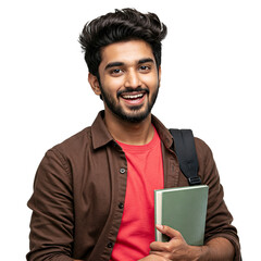 Portrait of a Happy Young Indian College Student with Backpack and Book Smiling at Camera on Isolated Background