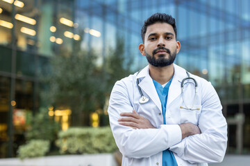 A confident doctor stands outdoors with arms crossed, a stethoscope around his neck, representing...