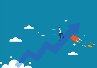 Cartoon businessman on a sky-high cloud, phone in hand, running towards a vector airplane in the sun, illustrating a business flight