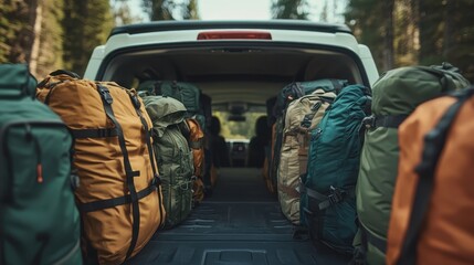 Rows of colorfully packed backpacks in the trunk of a vehicle indicate the excitement of outdoor adventures, showcasing the readiness for exploration and connection with nature.