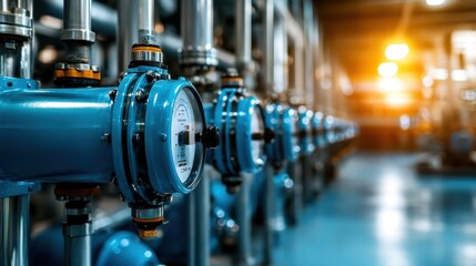 Fototapeta premium A close-up view of blue pipes and gauges in an industrial setting, showcasing the intricate design and engineering that characterize modern manufacturing environments and efficiency.
